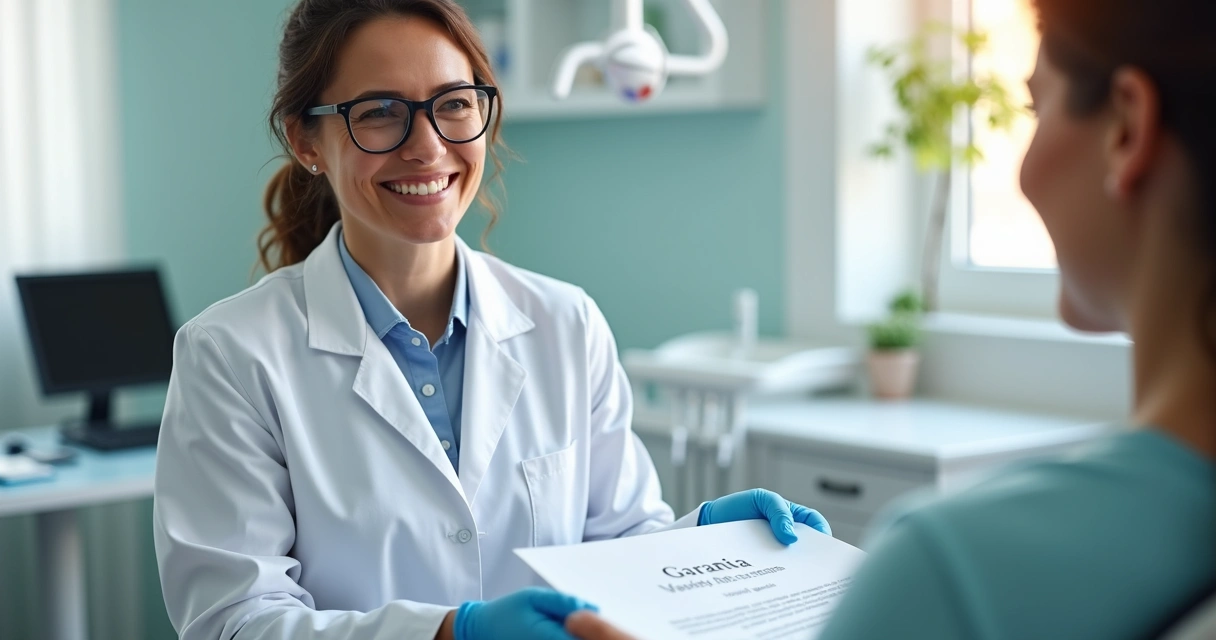 Dentista distribuindo certificado de garantia em consultório moderno