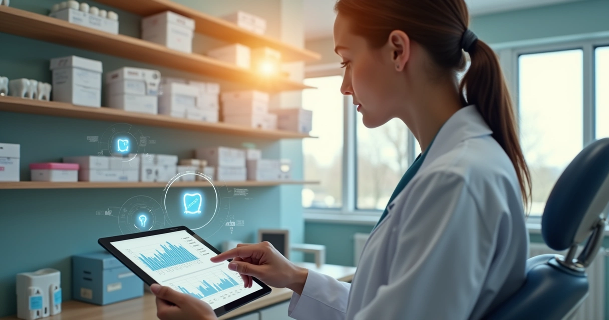 Dentista usando tablet para checar estoque de materiais
