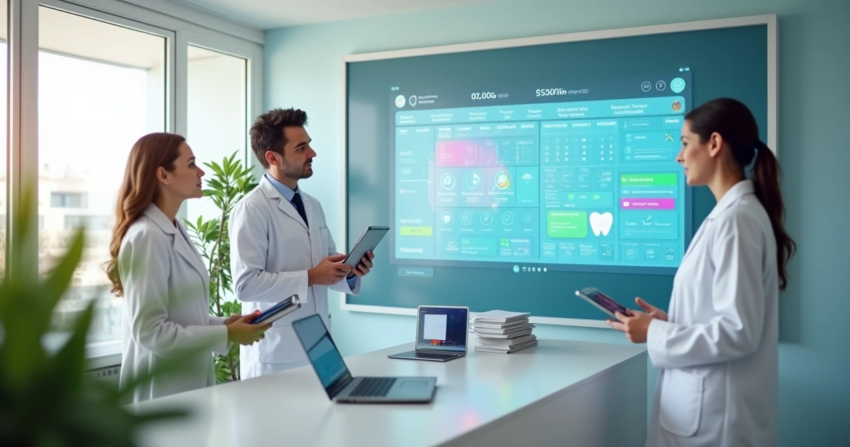 Dentista analisando gestão da clínica com equipe em frente a painel digital 