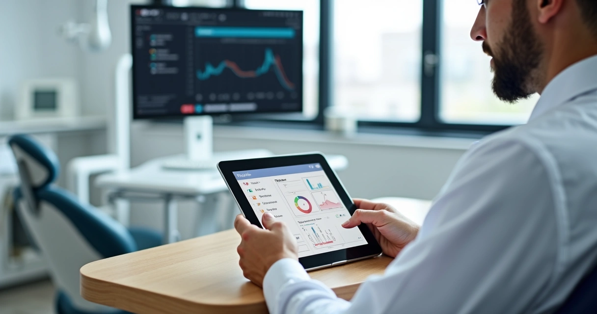 Dentista usando tablet para gerenciar prontuário digital na clínica
