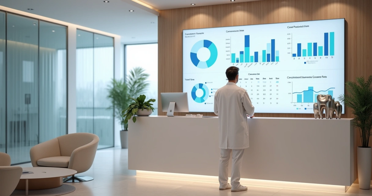 Dentista observando painel financeiro em consultório de odontologia estética moderno 