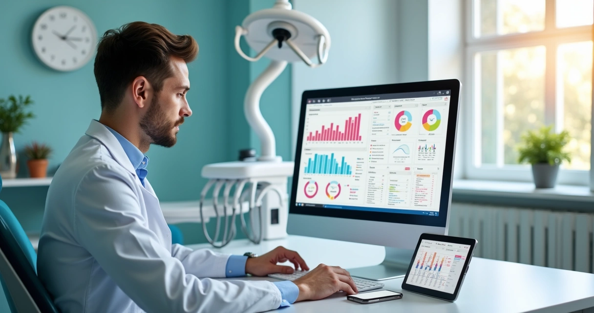 Dentista utilizando software digital avançado em computador com gráficos e interface moderna na tela 