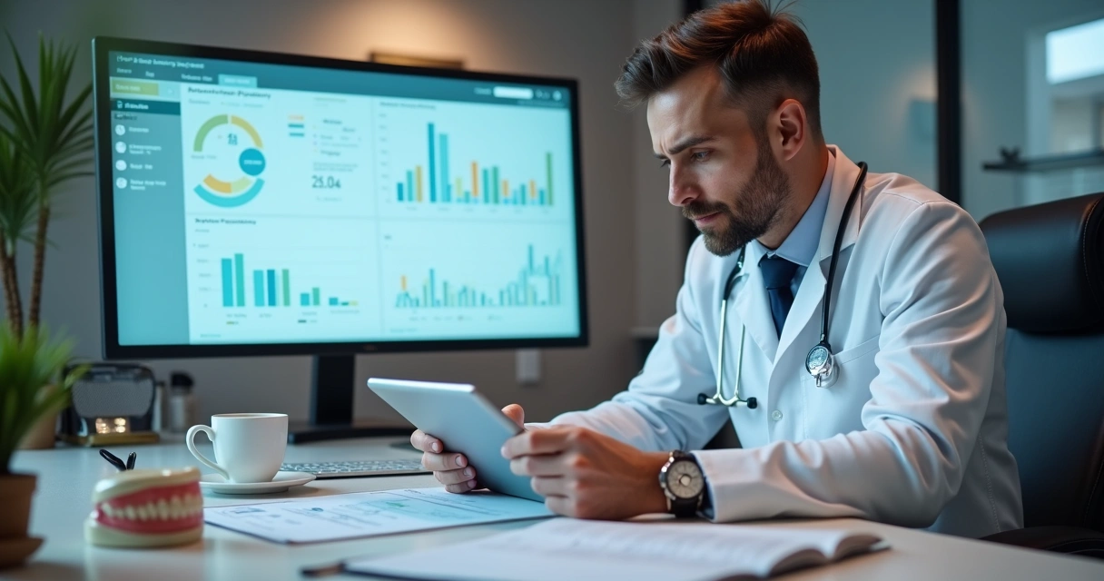 Dentista analisando agenda de atendimento e planilha de marketing lado a lado 