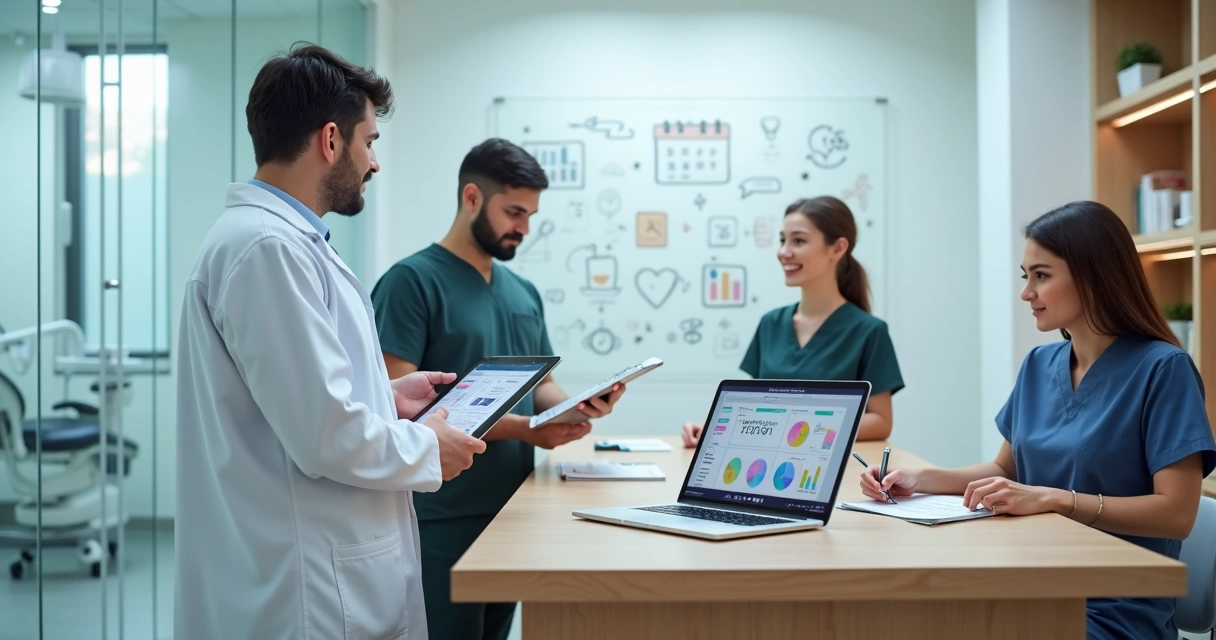 Dentista em consultório liderando equipe e analisando gestão da clínica 