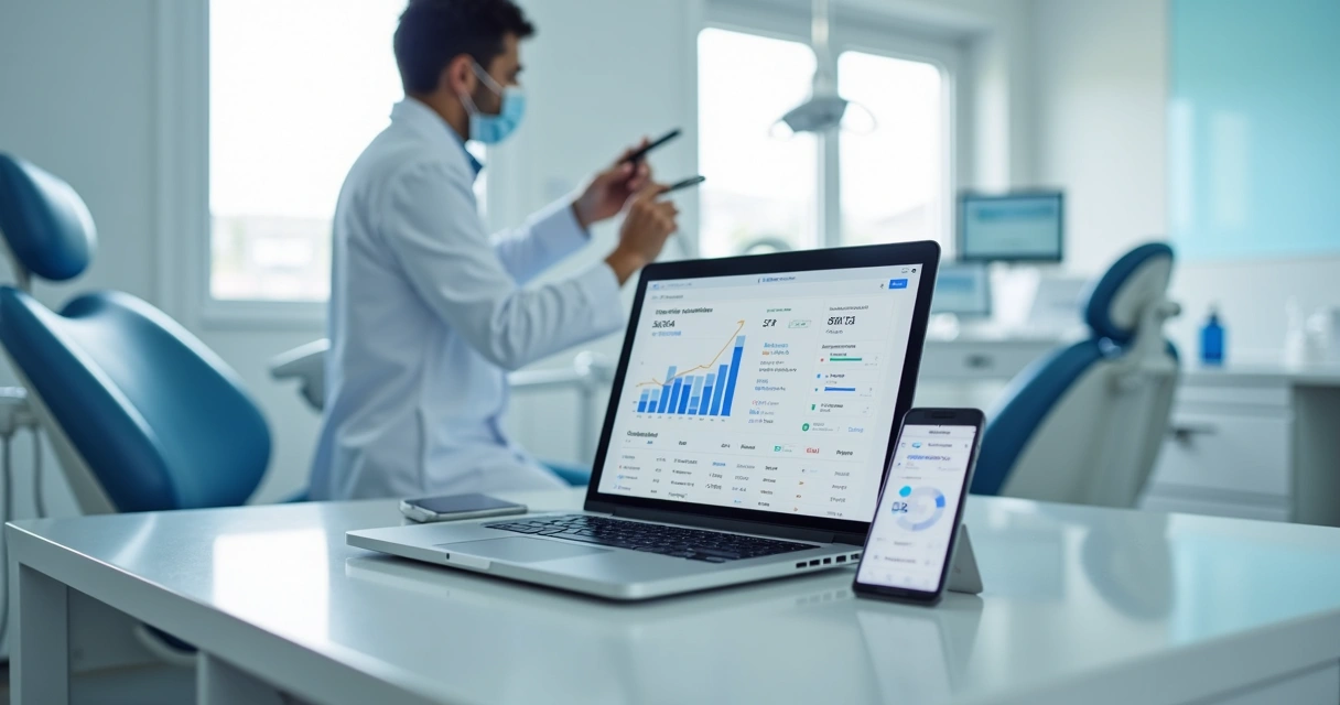 Dentist analyzing Google Ads results dashboard on laptop inside modern dental clinic 