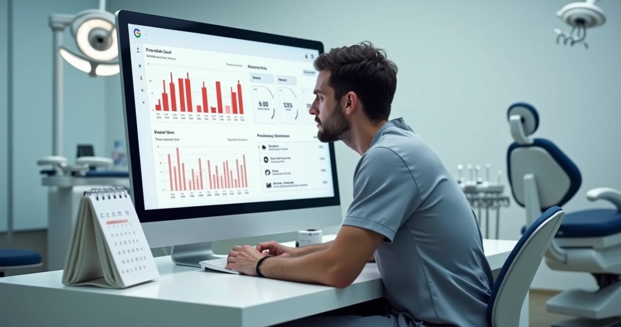 Dentista preocupado olhando tela de computador com campanhas do Google Ads dando poucos resultados 