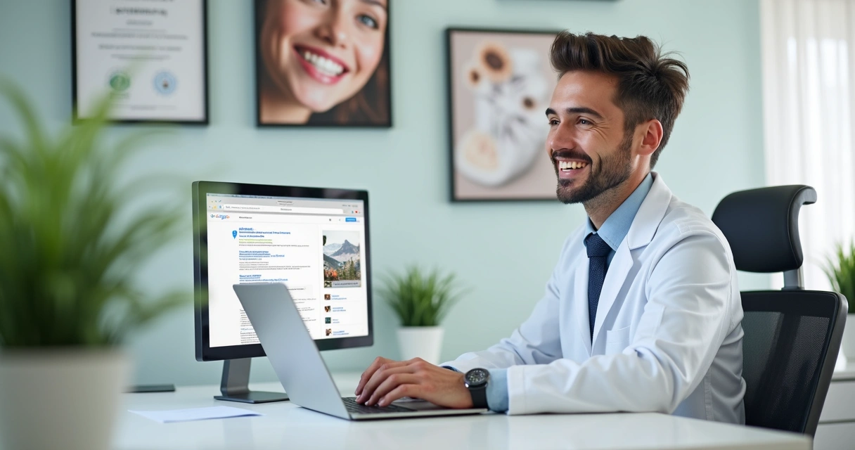 Dentista vendo a própria clínica no topo do Google Maps em um notebook