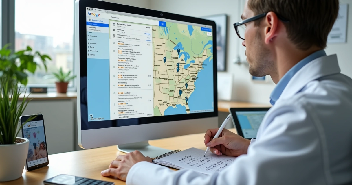 Dentista analisando checklist de marketing digital com mapa do Google Maps na tela 
