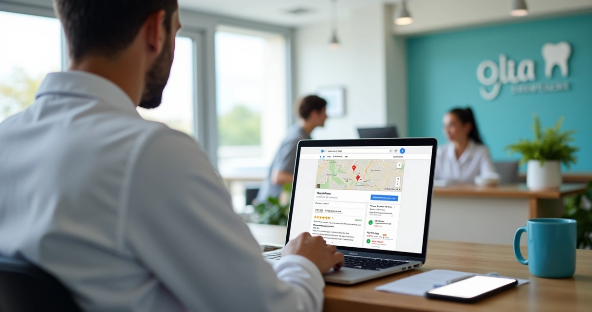 Dentista em clínica moderna olhando painel do Google Meu Negócio em laptop 