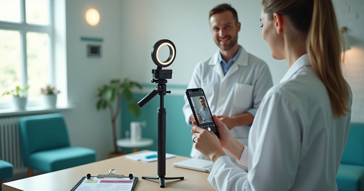 Dentista gravando anúncio de vídeo com cenário simples e equipamentos baratos 