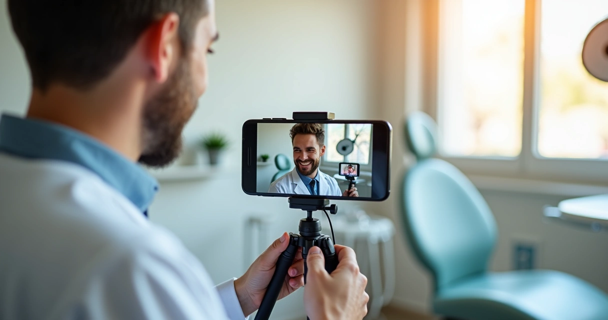 Dentista gravando vídeo no consultório com celular 