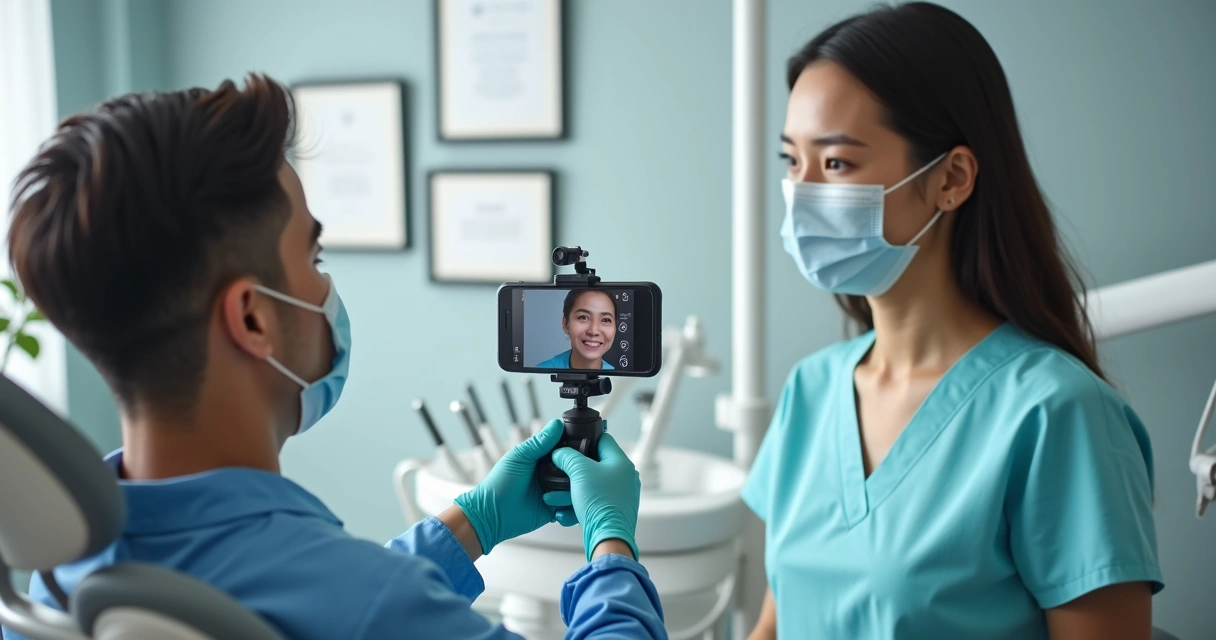 Dentista gravando vídeo para redes sociais 