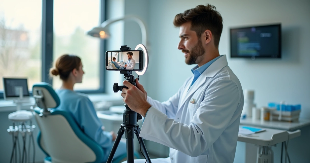Dentista gravando vídeo Reels no consultório, anel de luz iluminando 
