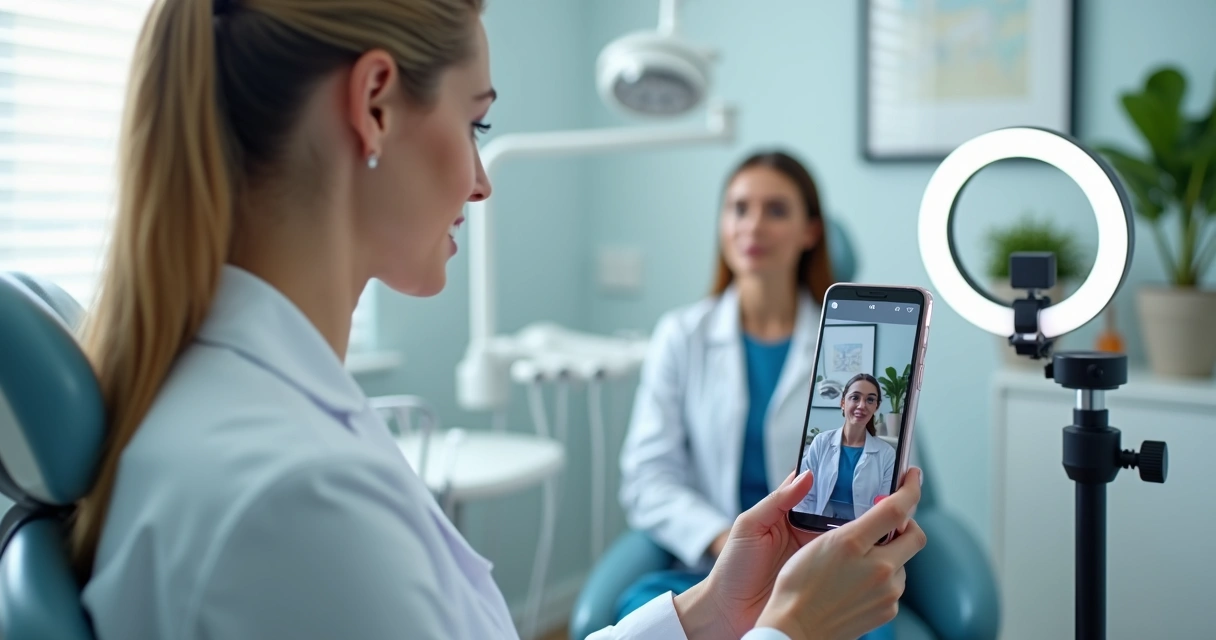 Dentista gravando vídeo vertical para Instagram em consultório moderno 