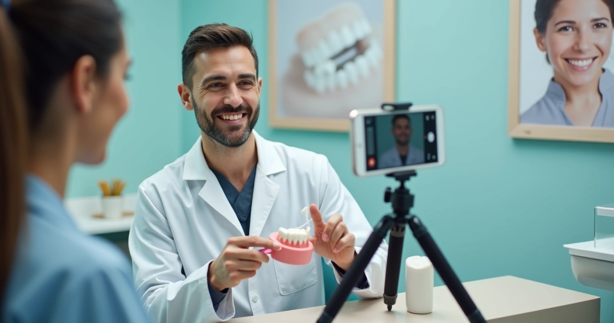 Dentista grava vídeo curto para TikTok com celular 