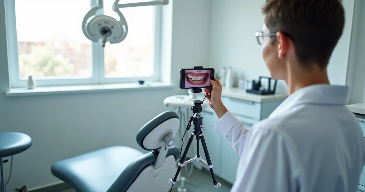Dentista grava vídeo vertical em consultório com celular, cenário limpo e luz natural 
