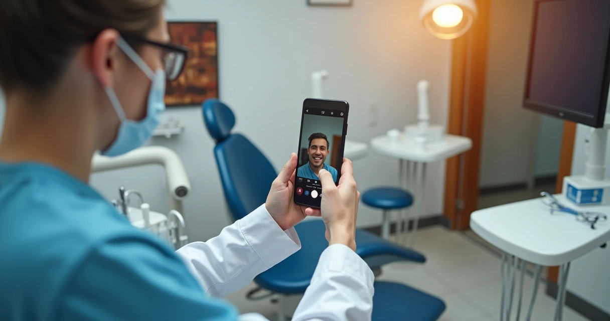 Dentista grava vídeo curto em consultório, olhando para o smartphone 