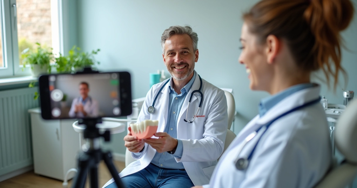 Dentista grava vídeo educativo na clínica com cenário moderno