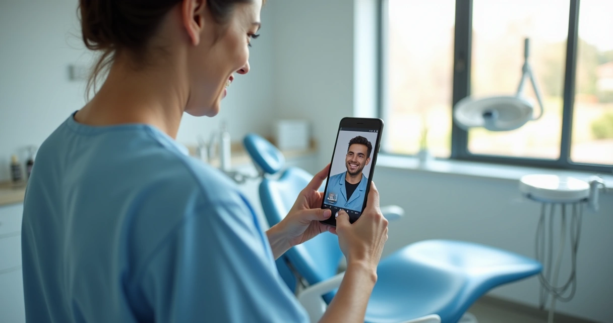 Dentista gravando vídeo curto com smartphone em consultório moderno, luz natural e equipamentos odontológicos ao fundo 