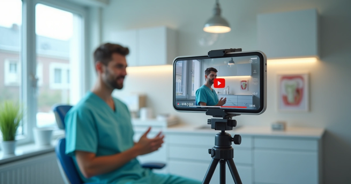 Dentista grava vídeo vertical para YouTube Shorts em consultório moderno 