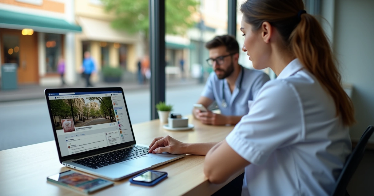 Dentista em notebook participando de grupo de bairro no Facebook 