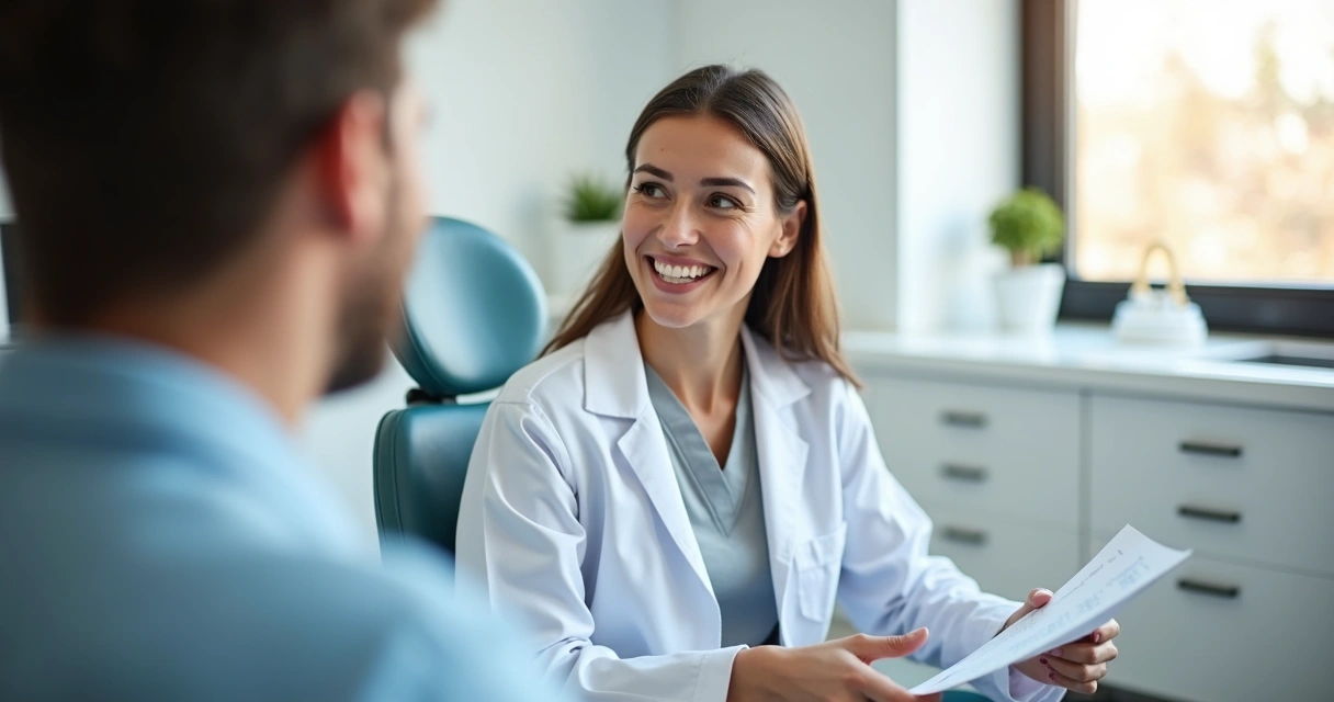 Dentista sorrindo e conversando com paciente no consultório