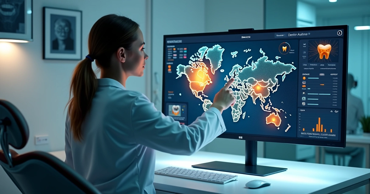 Dentista analisando painel digital com segmentação inteligente de anúncios odontológicos 