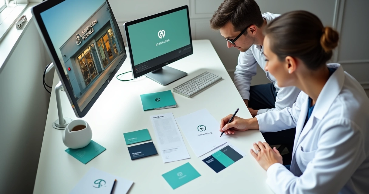 Designer mostra identidade visual para dentista em mesa cheia de materiais de marca 