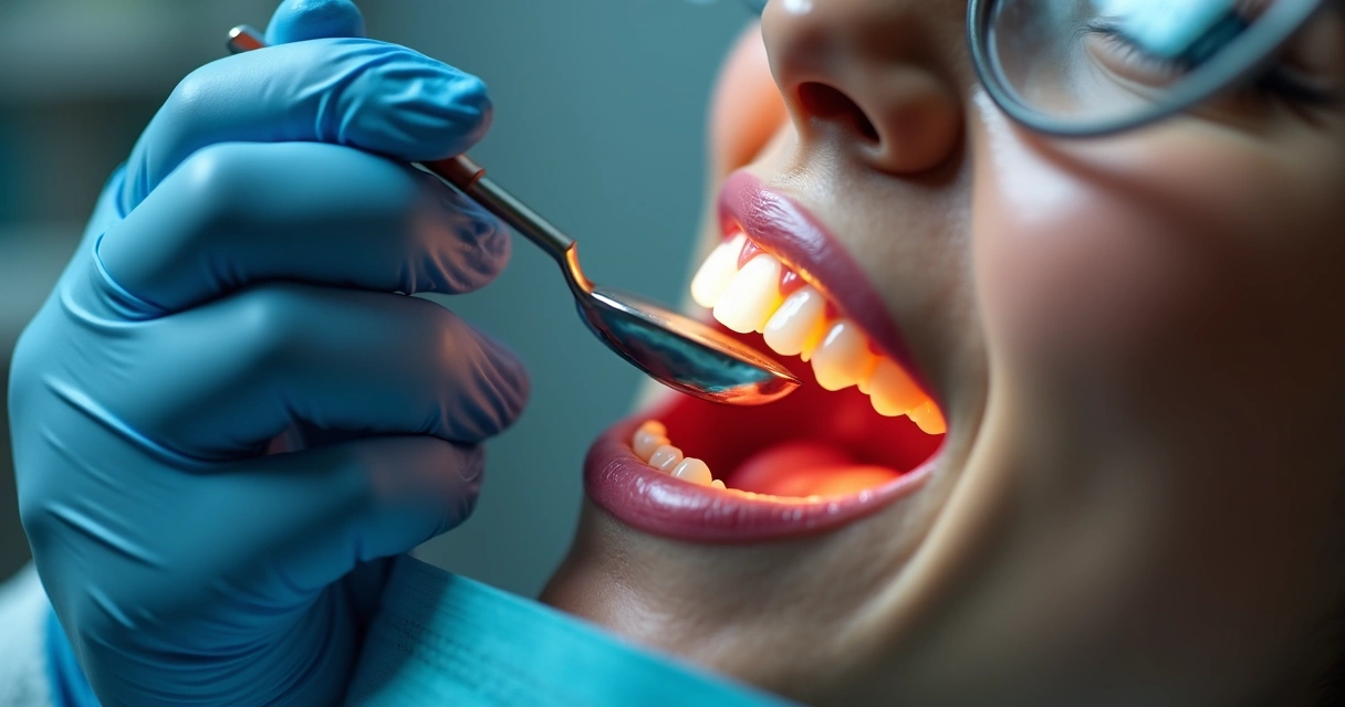 Dentista examina manchas brancas e cárie dentária em dente de paciente 