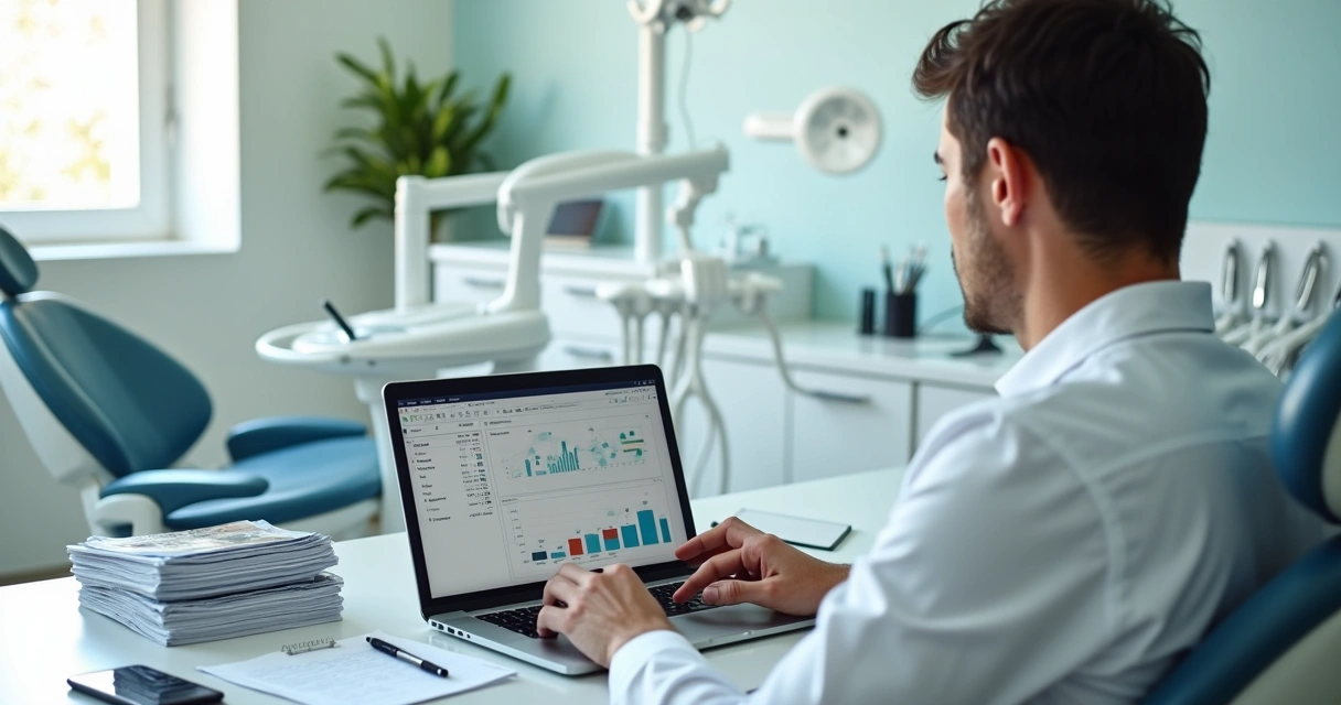 Dentista analisando declaração de imposto de renda no notebook em consultório moderno 