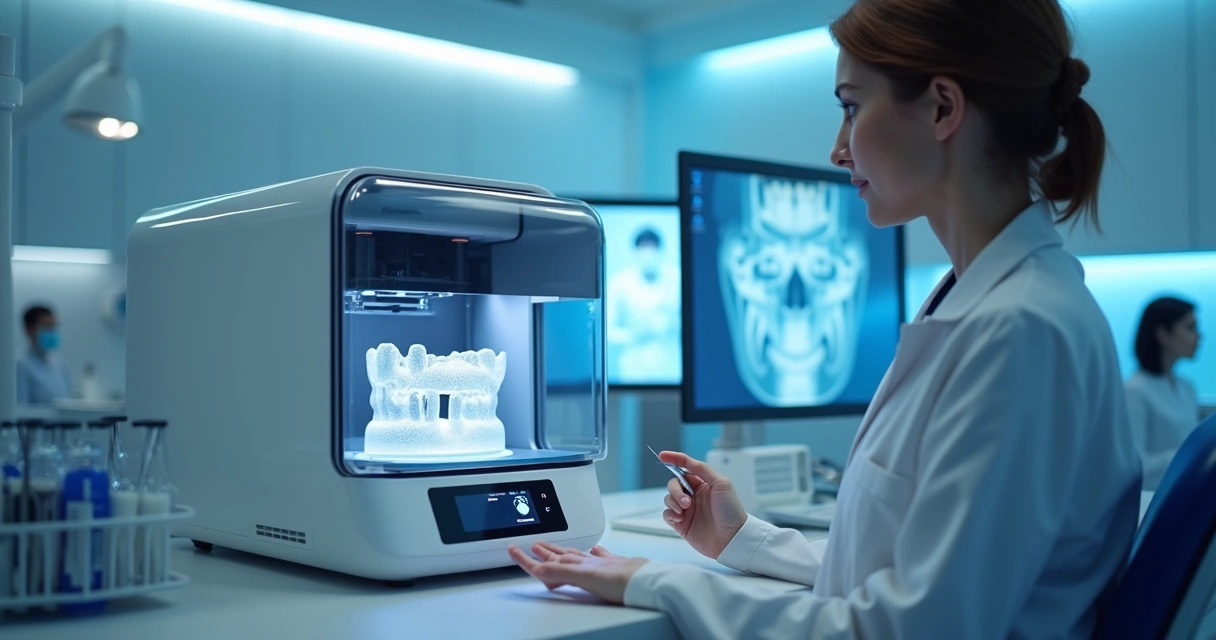 Dentista operando impressora 3D em consultório odontológico 