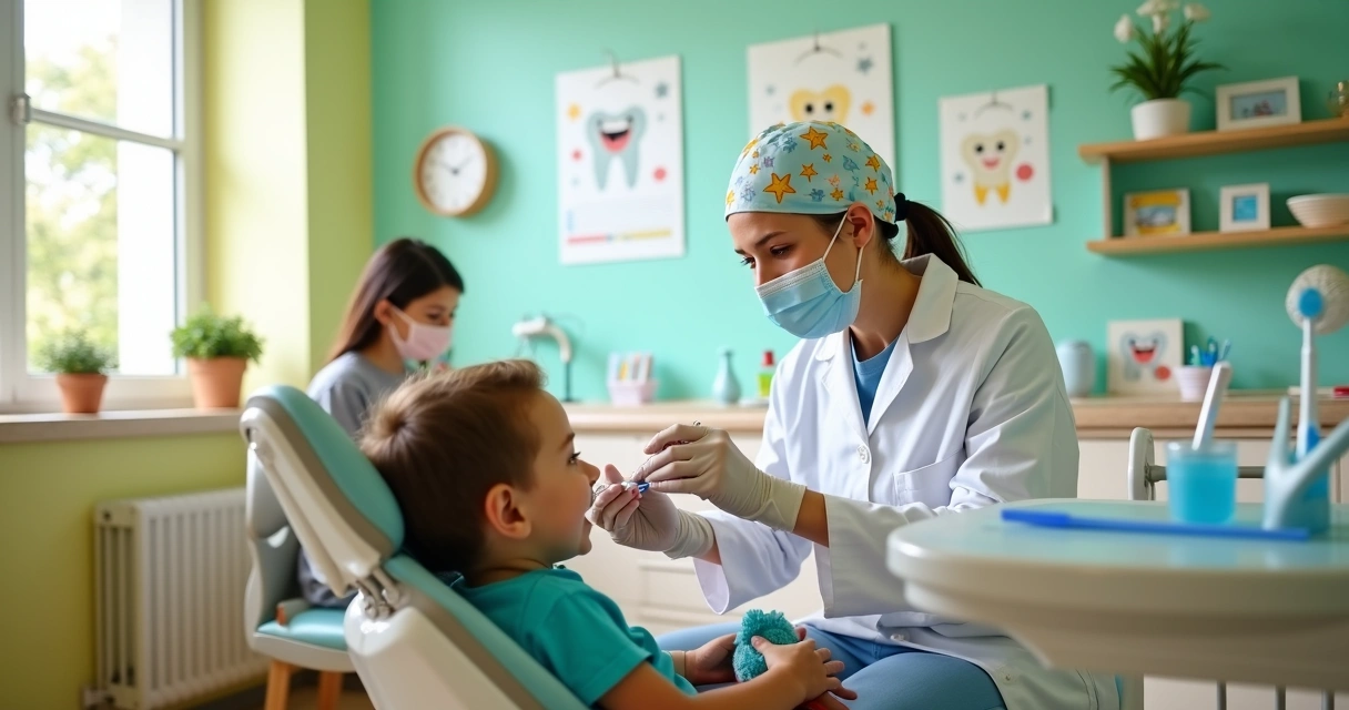 Criança em cadeira odontológica colorida recebendo atendimento de dentista infantil 