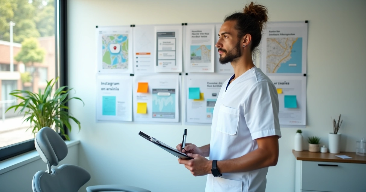 Dentista iniciante em consultório simples planejando ações de marketing na parede 