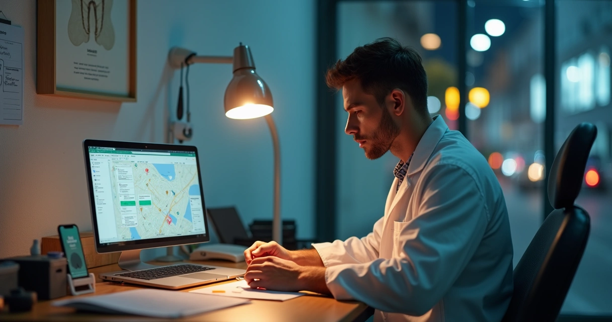 Dentista iniciante sozinho em consultório pequeno planejando primeiro plano de marketing digital em notebook 