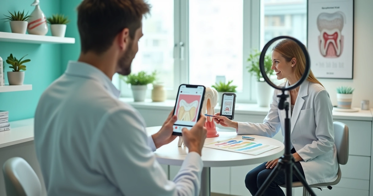 Dentista grava video educativo sobre saude bucal com maquete de dente diante de celular no tripé 