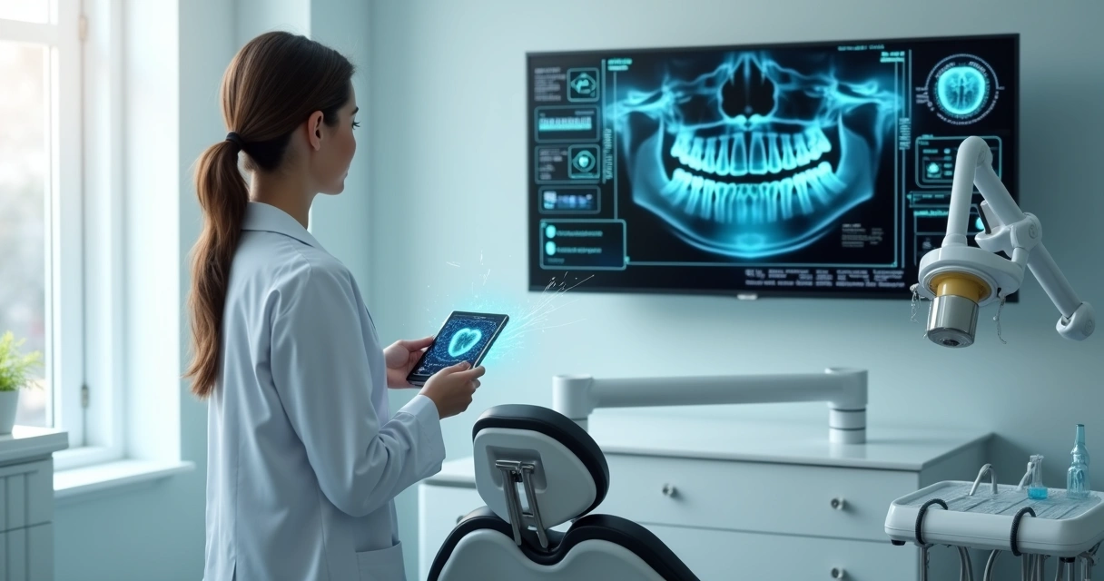 Dentista analisando radiografia em tela com interface de inteligência artificial no consultório 