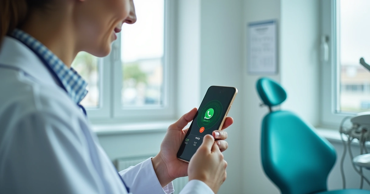 Dentista envia mensagem pelo celular em grupo de WhatsApp com pacientes. 