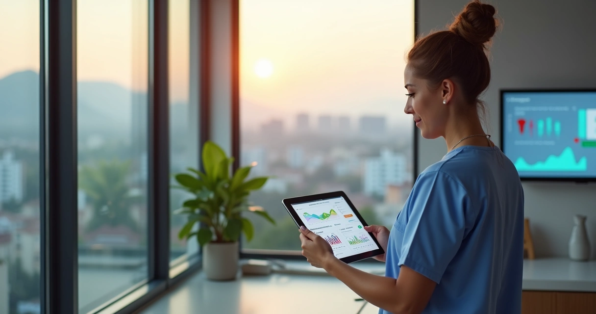 Dentista em Juiz de Fora usando tablet com gráficos de marketing digital em consultório aconchegante 