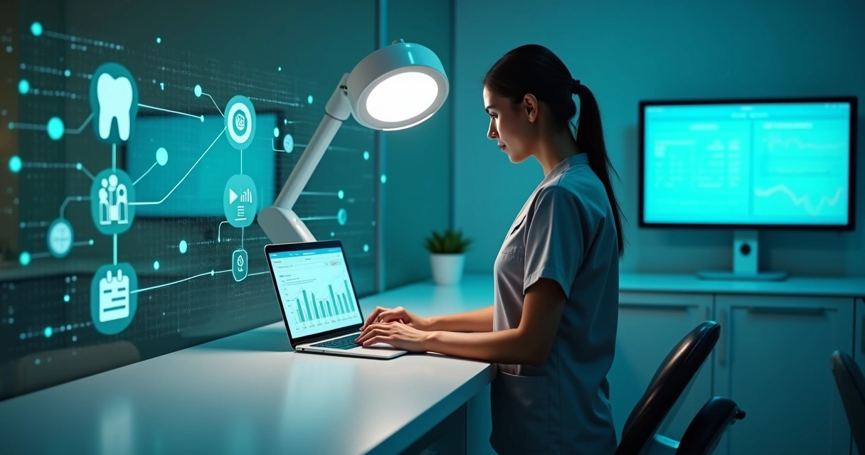 Dentista em consultório usando laptop com interface de IA para marketing odontológico 