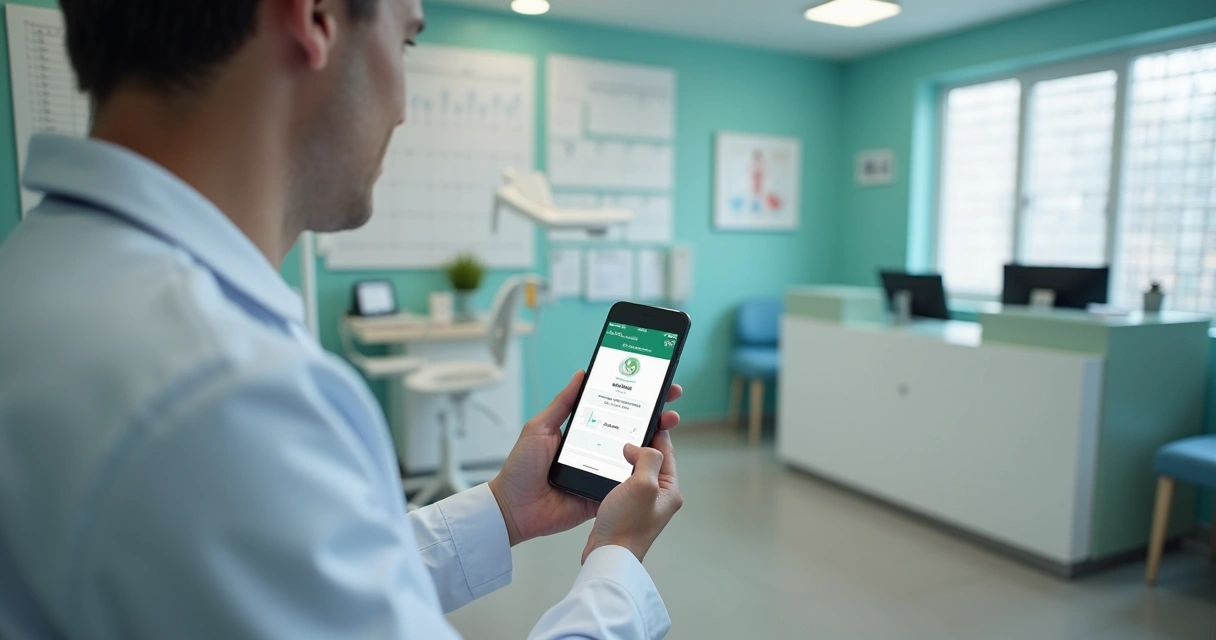 Dentista segurando um smartphone com lembrete de consulta aberto na tela