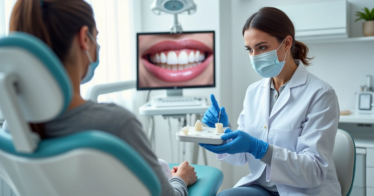 Dentista segurando moldeira com lente de porcelana fraturada explicando opções de tratamento à paciente 