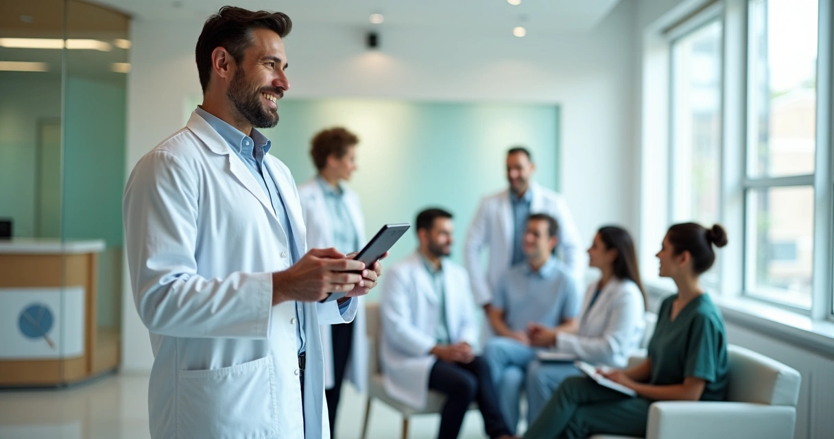 Dentista líder reunido com equipe em clínica odontológica moderna 