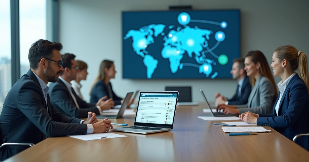 Gestor de clínica odontológica usando notebook com LinkedIn aberto em ambiente corporativo 