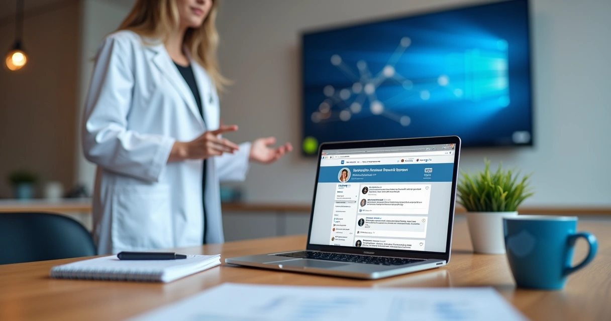 Dentista segura notebook mostrando feed do LinkedIn com posts profissionais 