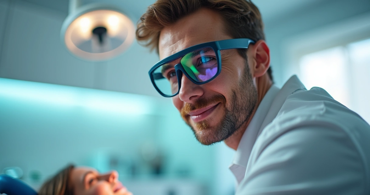 Cirurgião-dentista usando lupa Zumax com lentes antirreflexo em consultório moderno 