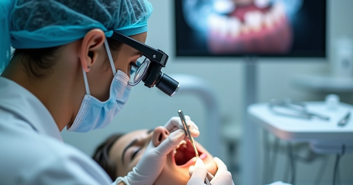 Dentista usando lupa binocular durante procedimento odontológico detalhado 
