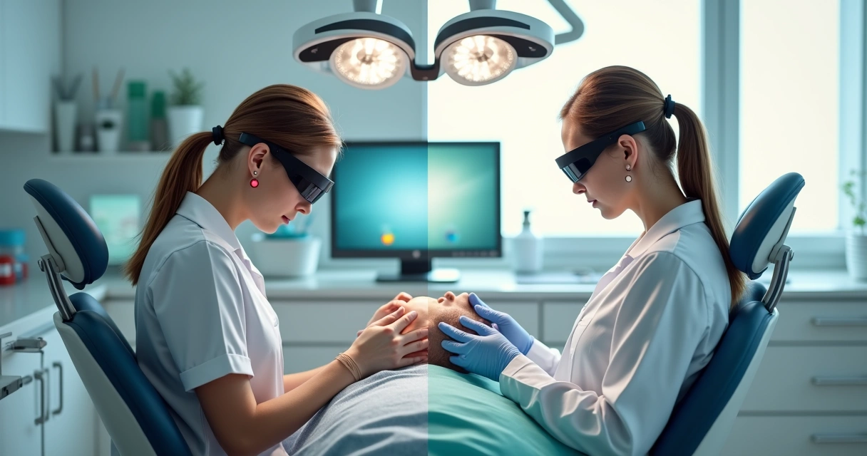 Dentista usando lupa correta ao lado de postura errada sem lupa 