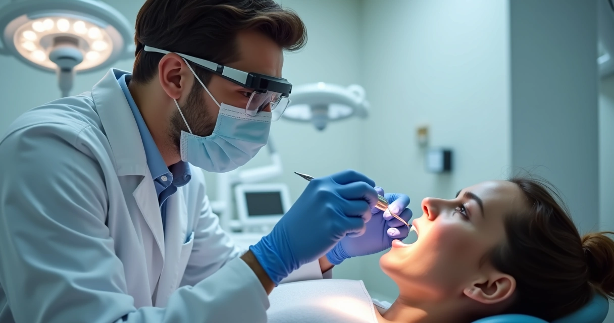 Dentista usando lupa Zumax com iluminação cirúrgica LED sobre o campo operatório 