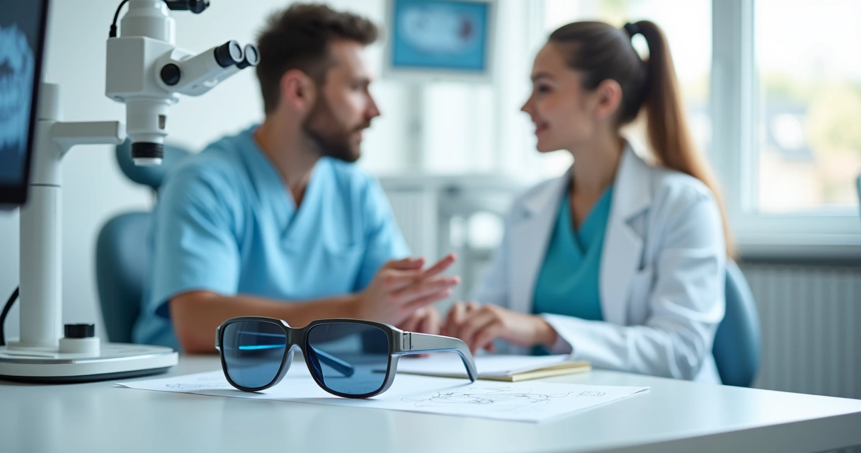 Dentista comparando lupa binocular Zumax e microscópio cirúrgico em consultório odontológico moderno 