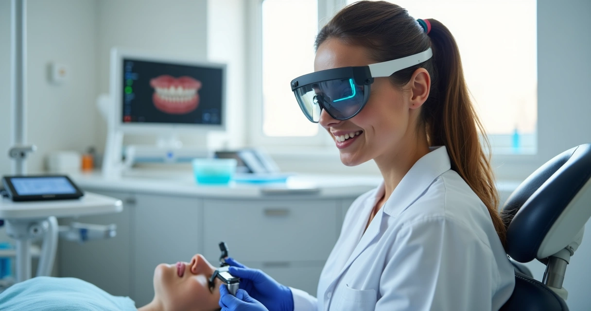 Dentista usando lupa profissional leve e ergonômica em consultório moderno 